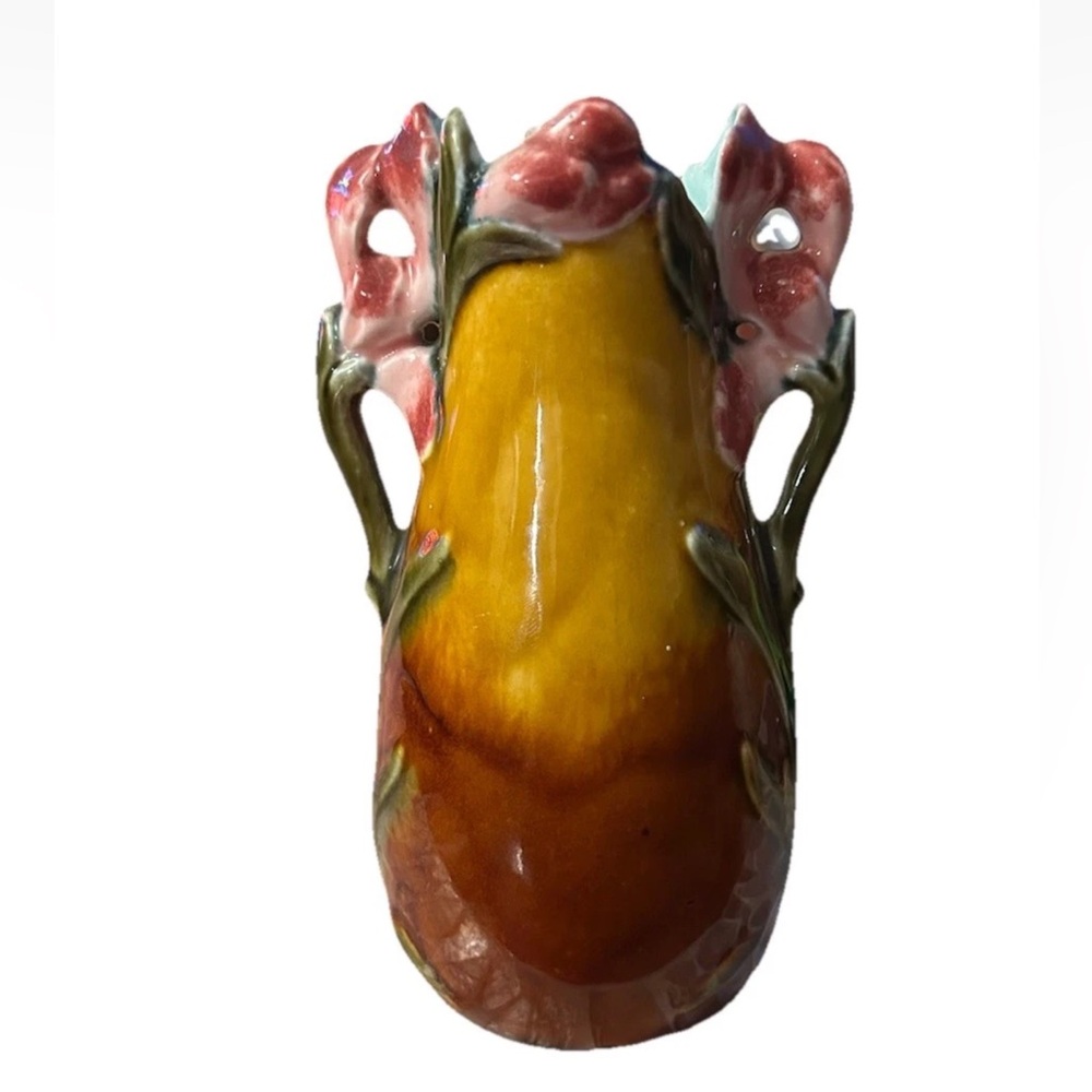 Antique Art Nouveau French Majolica Barbotine Naturalistic Floral Vase 5.5”